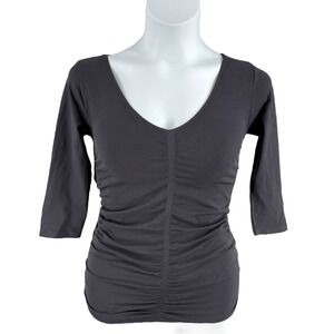 BCBGMAXAZRIA Dark Gray Ruched V Neck 3/4 Sleeve Top‎ M/L Made in USA NWOT